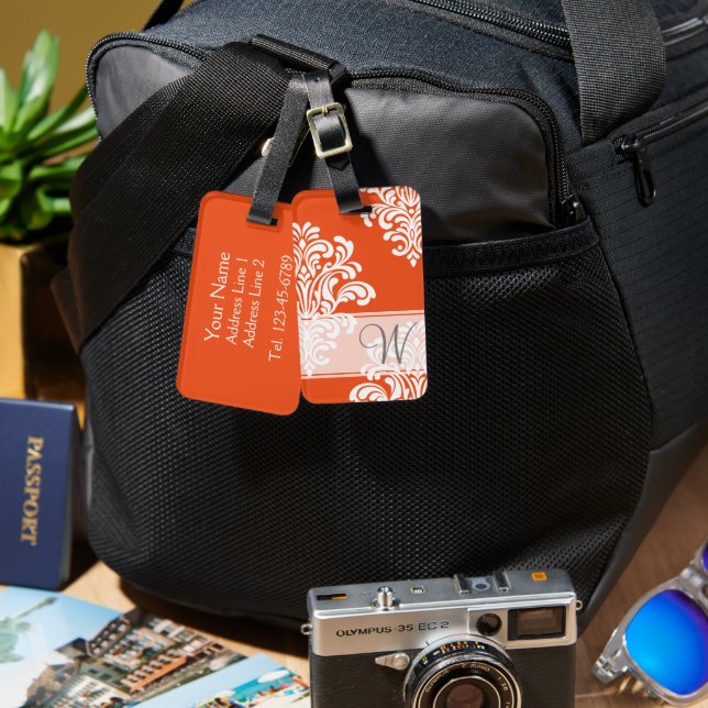 Etiqueta De Bagagem Girly Damask Monograma (Frente e verso)