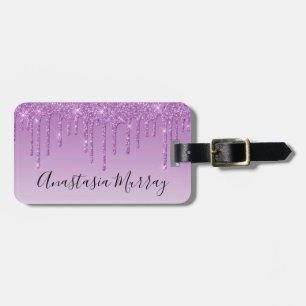Etiqueta De Bagagem Girly & Glam Lilás Roxo Brilho Gotas Nome