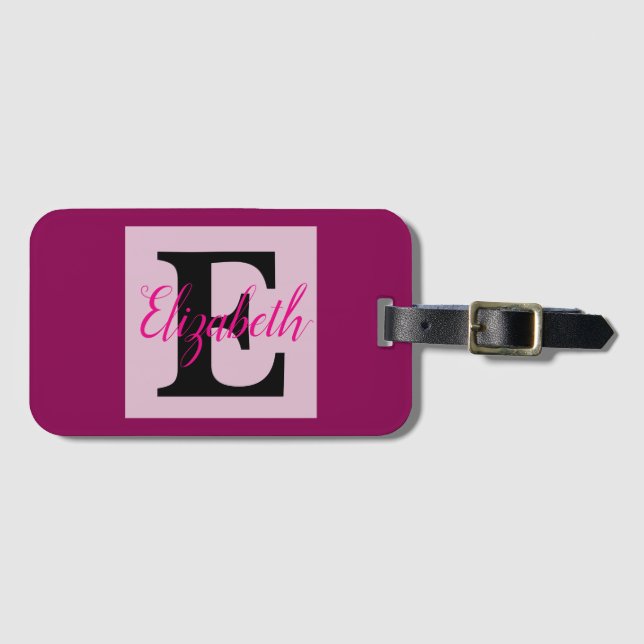 Etiqueta De Bagagem Girly Monogramas e Nome roxo rosa Bagagem (Frente Horizontal)