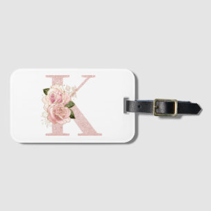 Etiqueta De Bagagem Girly Rosa Dourado Glitter Floral Monograma K
