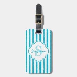 Etiqueta De Bagagem Girly Turquoise Pains Stripes Monograma e Nome