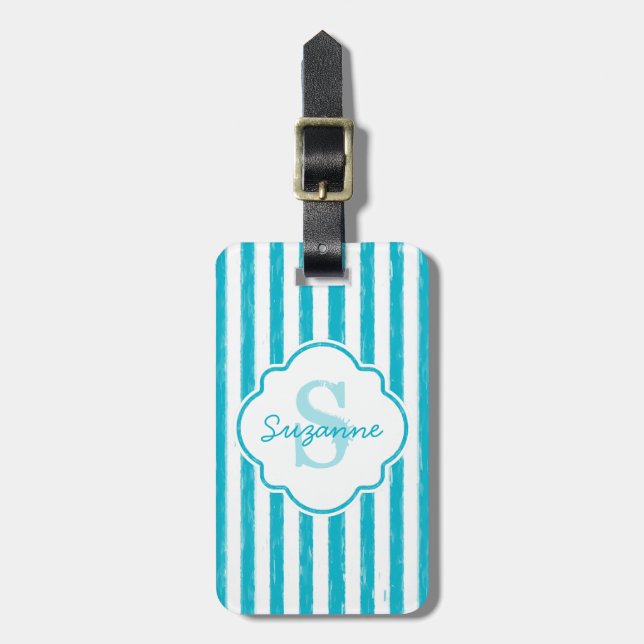 Etiqueta De Bagagem Girly Turquoise Pains Stripes Monograma e Nome (Frente Vertical)