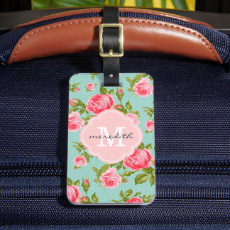 Etiqueta De Bagagem Girly Vintage Rosa Floral Monograma