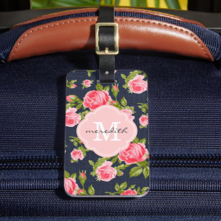 Etiqueta De Bagagem Girly Vintage Rosa Floral Monograma