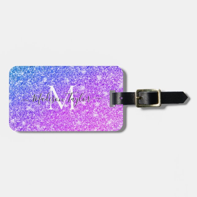 Etiqueta De Bagagem Giry Purple e Pink Glitter Monographic Name    (Frente Horizontal)