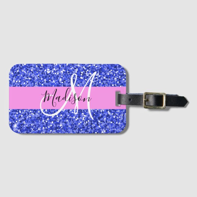 Etiqueta De Bagagem Glam Dark Blue Glitter Sparkles Nome Monograma (Frente Horizontal)