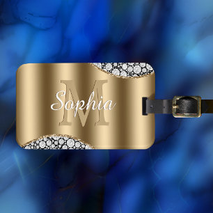 Etiqueta De Bagagem Glam Diamantes em Preto, Monograma Dourado, Nome d