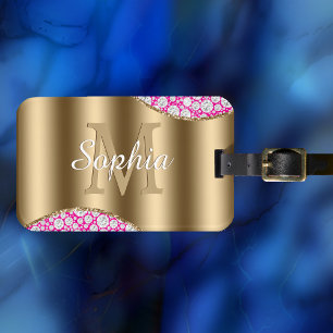 Etiqueta De Bagagem Glam Diamantes Fuchsia, Monograma Dourado, Nome do
