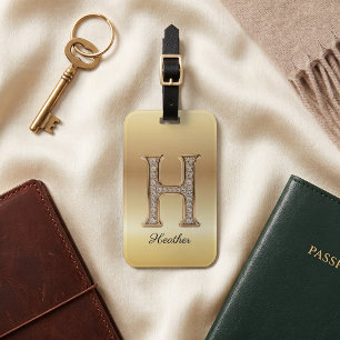 Etiqueta De Bagagem Glam Ouro Diamante Monograma Letra Inicial H
