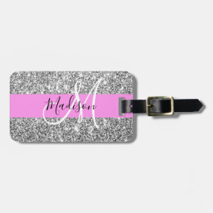 Etiqueta De Bagagem Glam Pink & Silver Glitter Sparkles Nome do Monogr