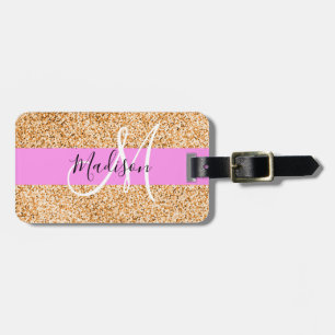 Etiqueta De Bagagem Glam Rosa & Cobre Brilho Monograma Nome