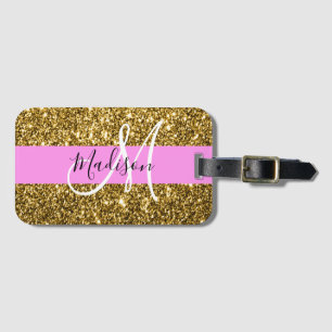 Etiqueta De Bagagem Glam Rosa e Dourado Brilho Faíscas Monograma Nome