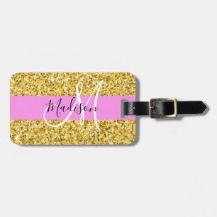 Etiqueta De Bagagem Glam Rosa e Dourado Brilho Faíscas Monograma Nome
