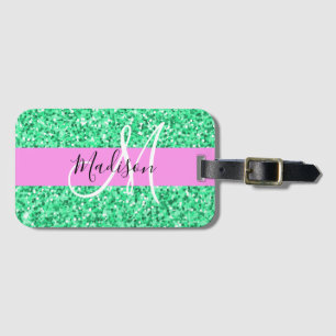 Etiqueta De Bagagem Glam Rosa e Verde Brilho Brilhos Monograma Nome