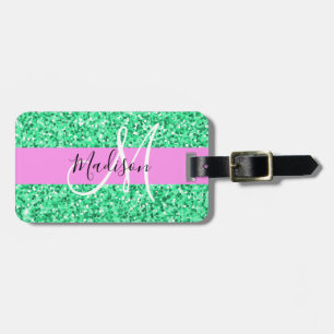 Etiqueta De Bagagem Glam Rosa e Verde Brilho Faíscas Monograma Nome