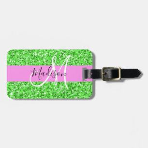 Etiqueta De Bagagem Glam Rosa e Verde Brilho Monograma Nome