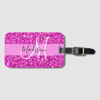 Etiqueta De Bagagem Glam Rosa & Magenta Brilho Brilho Monograma Nome