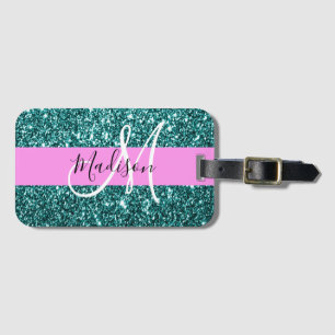 Etiqueta De Bagagem Glam Rosa Verde Azul Glitter Faísca Monograma Nome