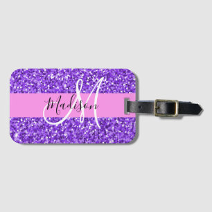 Etiqueta De Bagagem Glam Roxo & Glitter Brilho Monograma Nome