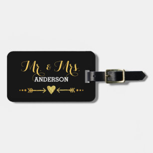 Etiqueta De Bagagem Glamorous Dourado Heart Arrow Black Casando Sr. & 