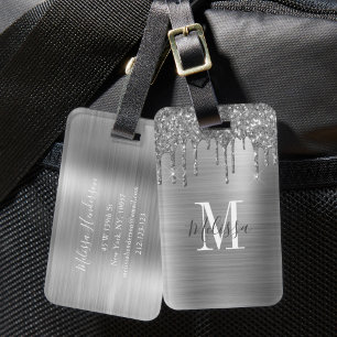 Etiqueta De Bagagem Glitter De Prata Monograma Com Glitter Empurrado M