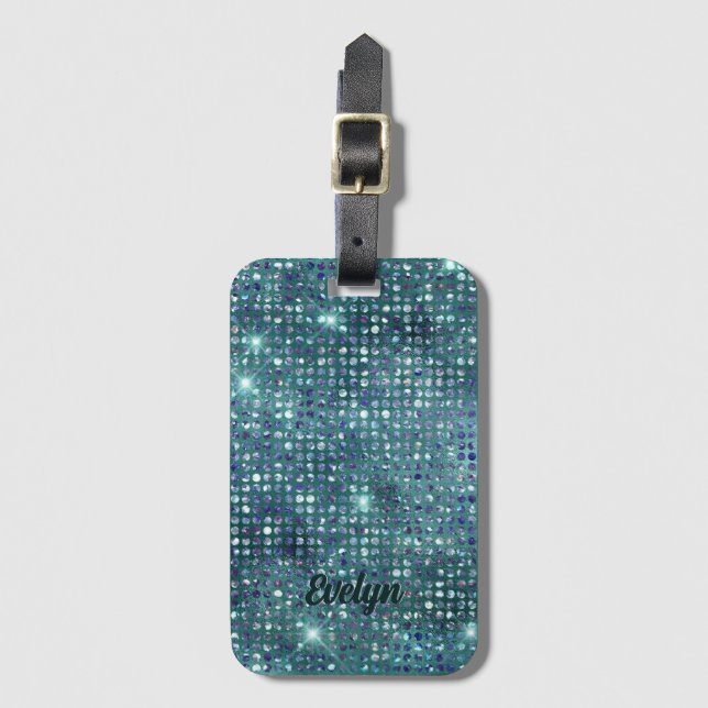 Etiqueta De Bagagem Glitter de Teal Personalizado (Frente Vertical)