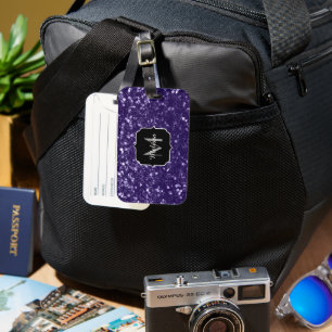 Etiqueta De Bagagem Glitter roxo ultra violeta escuro Monograma