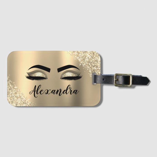 Etiqueta De Bagagem Glitter Sparkle Eyelashes Dourado Nome do Monogram (Frente Horizontal)