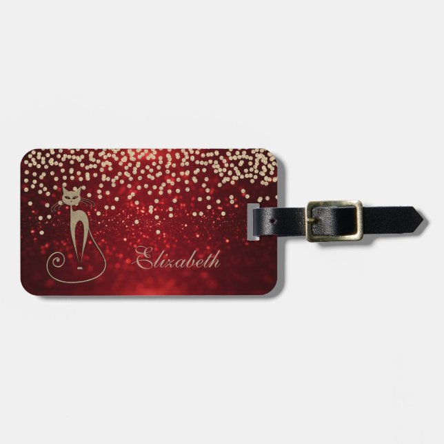 Etiqueta De Bagagem Glittery Bokeh Foil Confetty Diamond, Gato (Frente Horizontal)