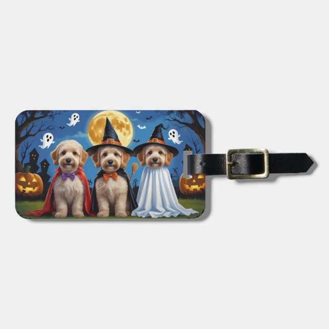 Etiqueta De Bagagem Goldendoodle Cães Pumpkin Halloween Engraçado (Frente Horizontal)