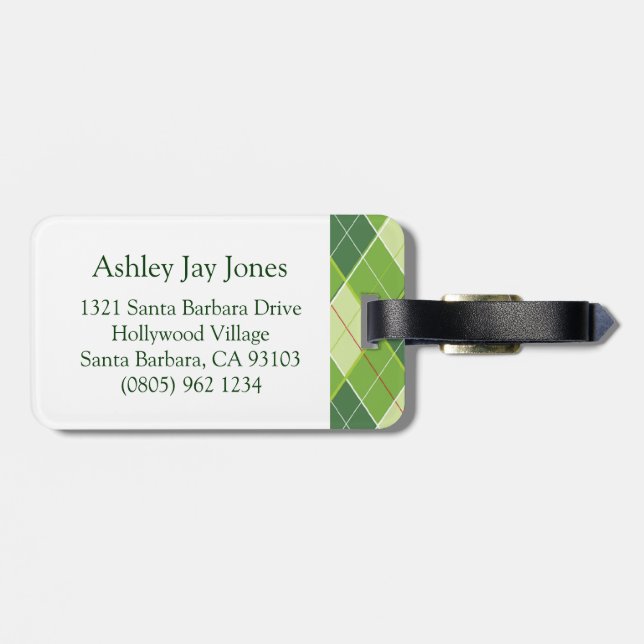 Etiqueta De Bagagem Golf Argyle, modelo tee de bagagem verde (Traseira Horizontal)