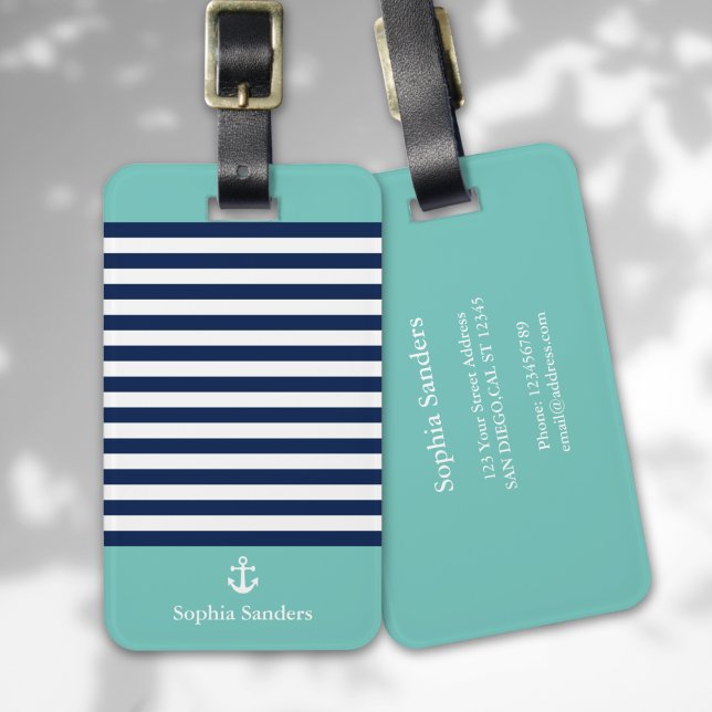 Etiqueta De Bagagem Green and Navy Blue Striped Nautical Pattern (Criador carregado)