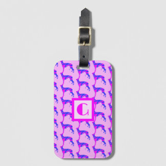 Etiqueta De Bagagem Greyhound / Cachorro-Inverso Rosa e Monograma Azul