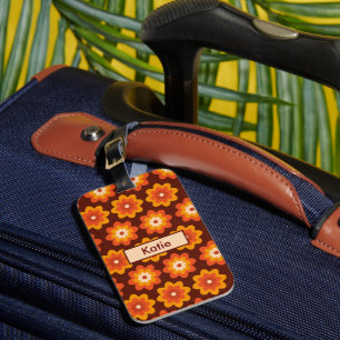 Etiqueta De Bagagem Groovy Retro Anos 70 Laranja Amarelo Flores Nome