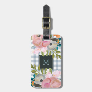 Etiqueta De Bagagem Guingão floral e azul da aguarela com monograma