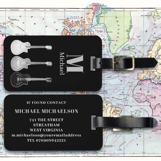 Etiqueta De Bagagem Guitarra Elétrica Moderna Personalizada (Electric guitar black and gray monogram custom travel luggage tag guitarists musicians music lovers)