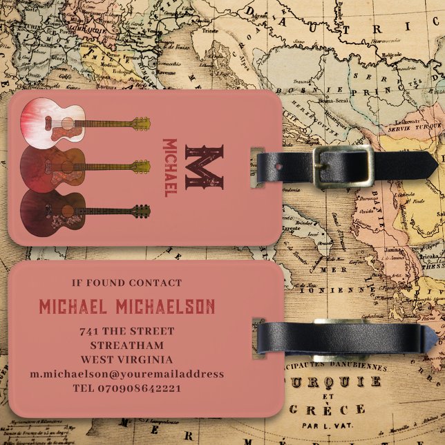 Etiqueta De Bagagem Guitarrista Acústico Personalizado (Acoustic guitar monogram country rustic custom travel luggage tag with contact details )