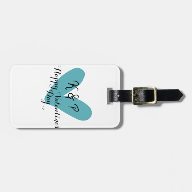 Etiqueta De Bagagem Happy Valentine's day turquoise heart name letter  (Frente Horizontal)
