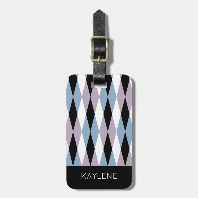 Etiqueta De Bagagem Harlequin Diamond Patterno - Blue and Dusty Lilac (Frente Vertical)