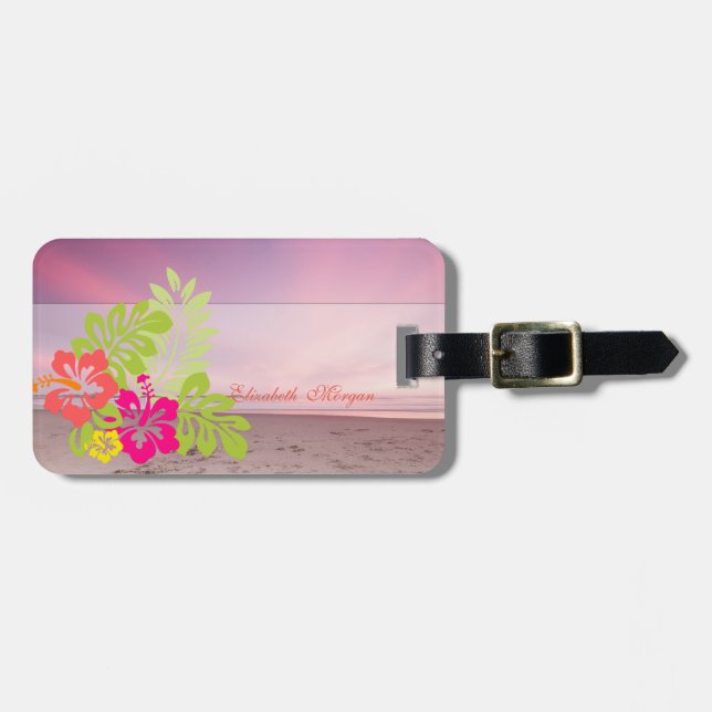 Etiqueta De Bagagem Hibiscus havaiano de praia tropical sunset havaian (Frente Horizontal)