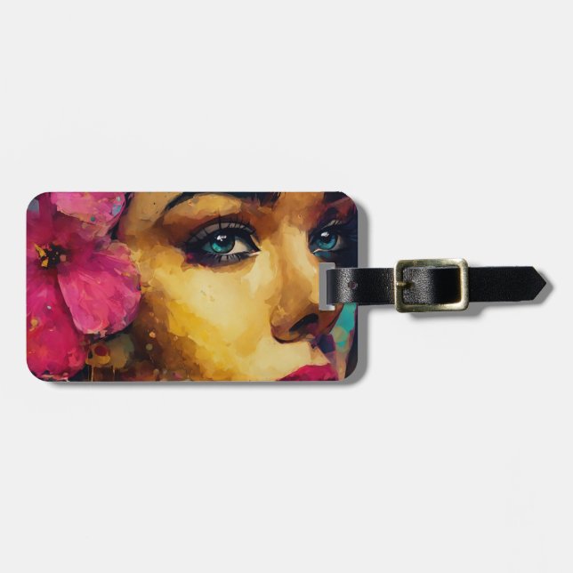 Etiqueta De Bagagem Hibiscus rosa-negrito e Retrato Abstrato feminino (Frente Horizontal)