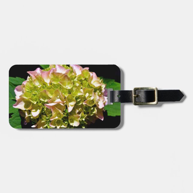 Etiqueta De Bagagem Hídrangas florais cor-de-rosa-verde-esverdeado Ele (Frente Horizontal)