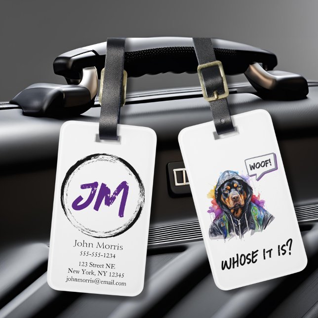 Etiqueta De Bagagem Hip Hop Rottweiler (hip hop rottweiler luggage tag with monogram, white background)