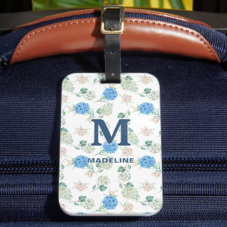 Etiqueta de Bagagem Hortênsia Monograma Azul Flora