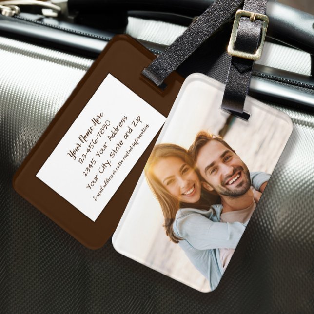 Etiqueta De Bagagem Identificação Personalizada de Foto Marrom (Custom Photo Personalized Identification Brown Luggage Tag)