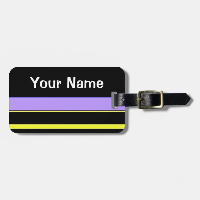 Etiqueta De Bagagem Identificador de Bagagem Preto com Listras Roxas (Frente Horizontal)