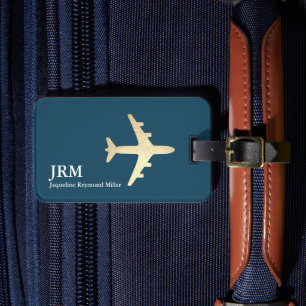 Etiqueta De Bagagem Identifique suas malas . avião dourado azul-escuro