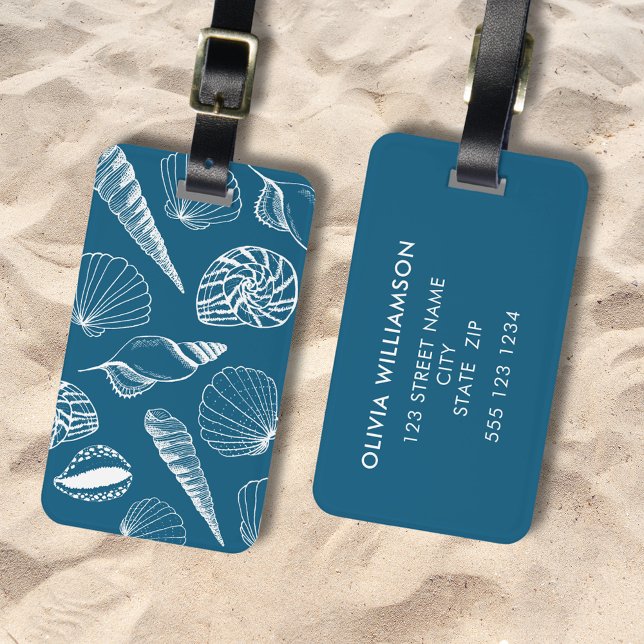 Etiqueta De Bagagem Ilustração de Shell do Mar (Illustrated sea shell, nautical blue and white personalized luggage tag. Matching items available.)