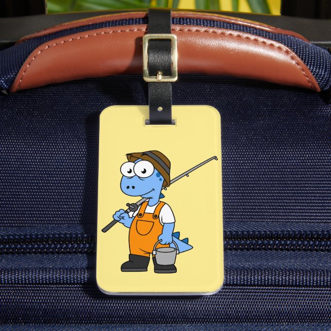 Etiqueta De Bagagem Ilustração De Um Pescador De Allosaurus. (Frente Insitu 2)