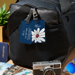 Etiqueta De Bagagem Ilustração Floral Daisy na Moda - azul marinho e v